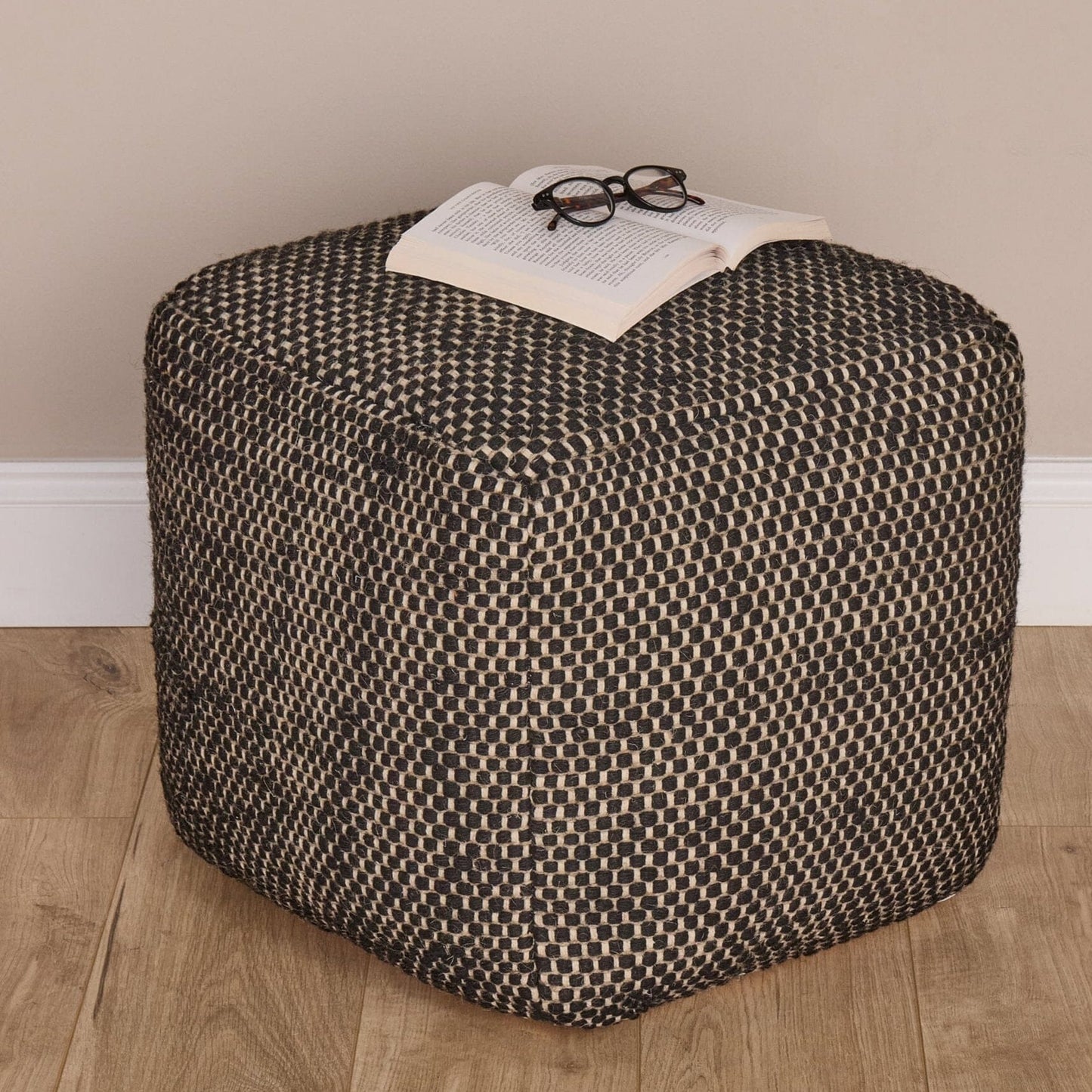 Atcham Wool & Cotton Ottoman Stool - Black